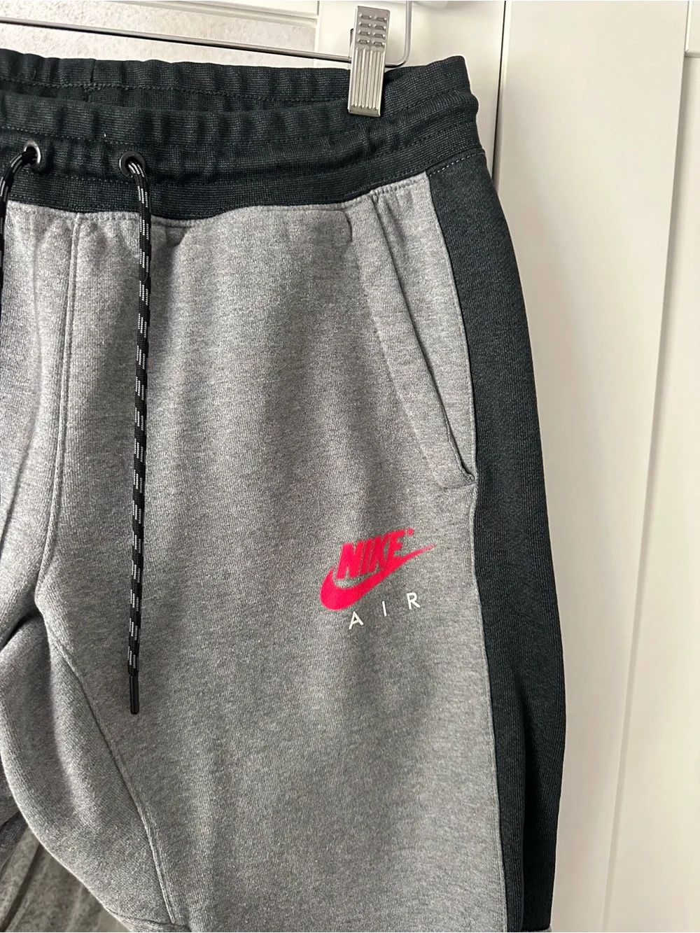 Nike Men’s Grey & Black Jogger Pants with Neon Coral Logo Medium